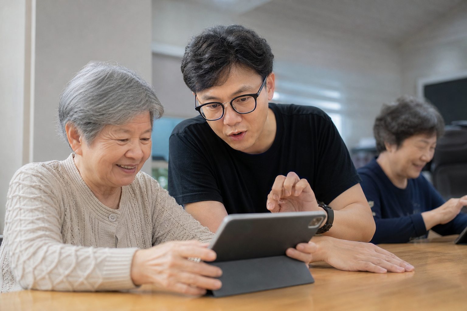長者與課程帶領者一起操作平板，進行銀髮電競課程