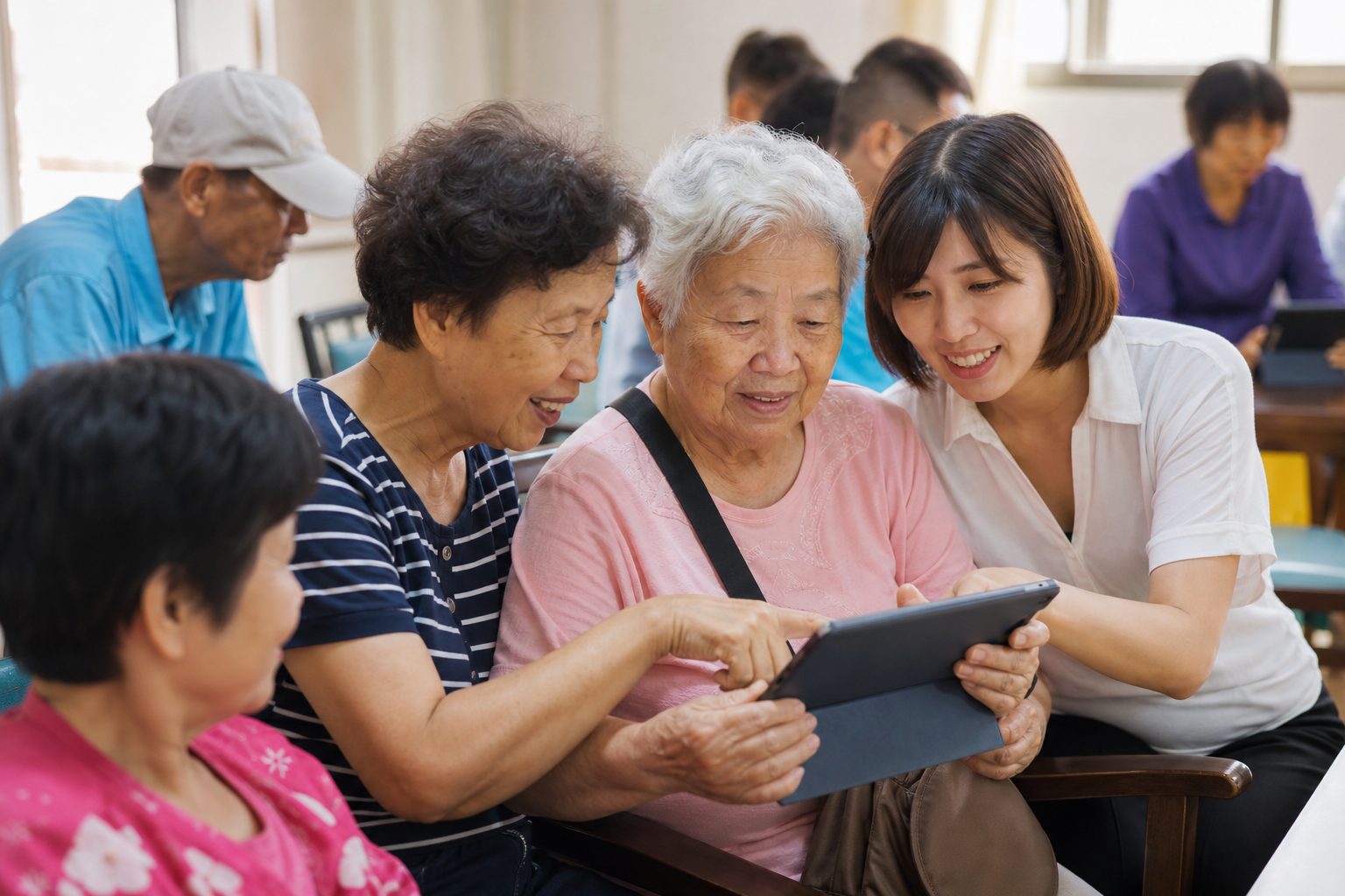 長者與帶領者共同參與平板互動遊戲的樂齡活動情境